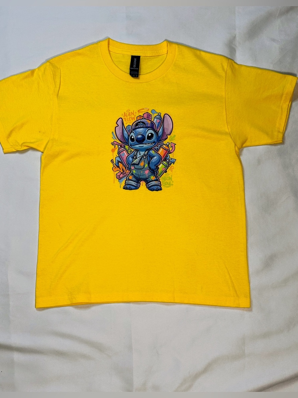 Yellow Kids Tee with Colorful Stitch Graphic